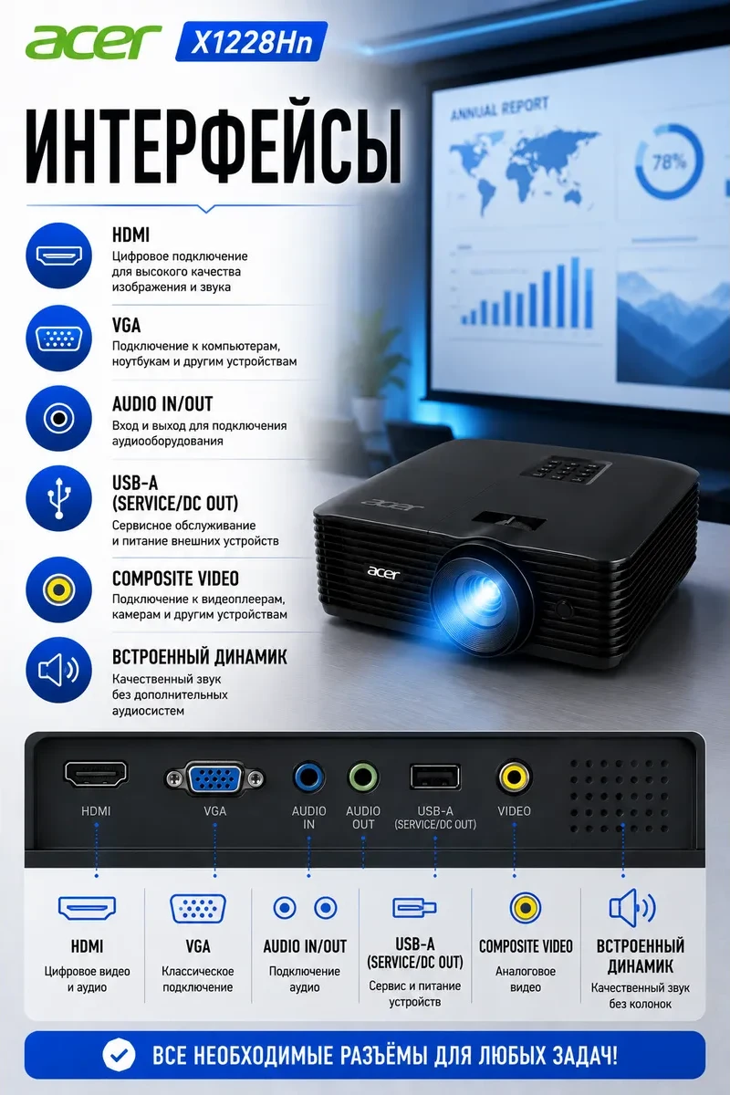 Проектор Acer X1228Hn, DLP, 3500lm, 3D, 20000:1, 1920х1200 dpi, 5000hr, 2.66 kg — 2