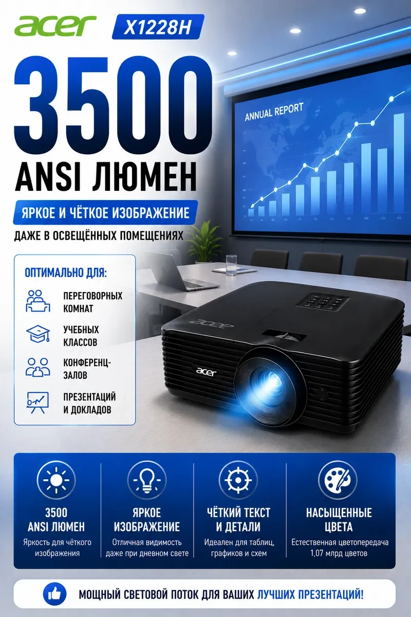 Проектор Acer X1228Hn, DLP, 3500lm, 3D, 20000:1, 1920х1200 dpi, 5000hr, 2.66 kg — 5