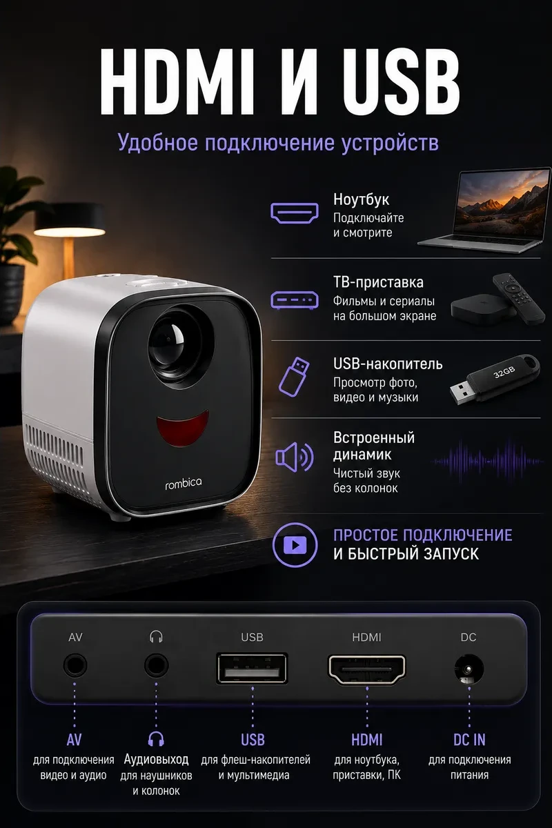 Проектор Rombica Ray Element, LCD, 1000lm, 1000:1, FullHD, 1920 x 1080, 30000hr, 0.43-1.84m, 0.44kg — 3