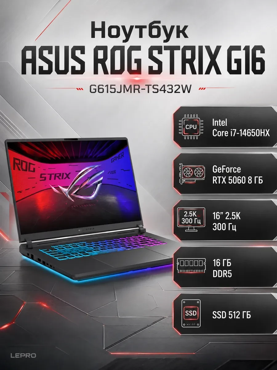 Ноутбук ASUS ROG Strix G G615JMR-TS432W 2.5K 300Hz Core i7 14650HX RTX5060 Win11, Intel Core i7-14650HX, 16 ГБ, 512 ГБ, 16"