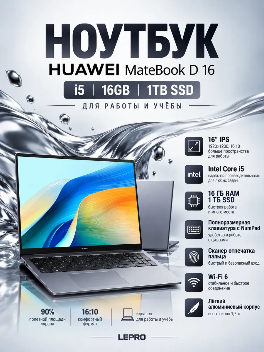 Ноутбук Huawei MateBook D Core i5-13420H 1TB DOS (53014QKV), Intel Core i5-13420H, 16 ГБ, 1024 ГБ, 16"