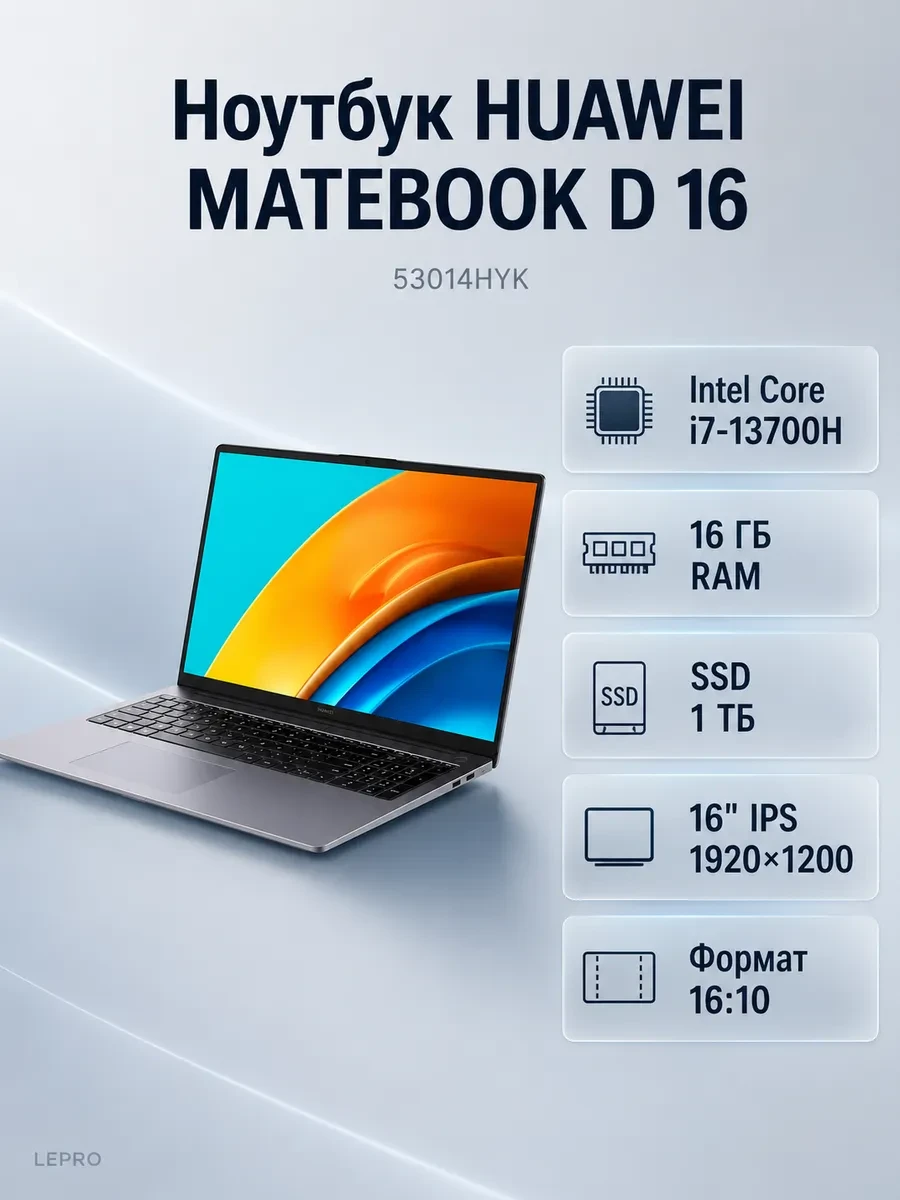 Ноутбук Huawei MateBook D FHD+ Core i7-13700H 1TB DOS (53014HYK), Intel Core i7-13700H, 16 ГБ, 1024 ГБ, 16"