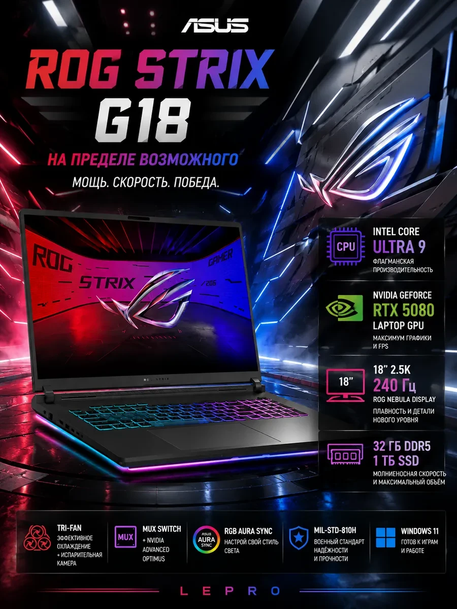 Ноутбук ASUS ROG Strix G G815LW-SA317W 2.5K 240Hz Ultra 9 290HX Plus 1TB RTX5080 Win11, Intel Core Ultra 9 290HX, 32 ГБ, 1024 ГБ, 18"