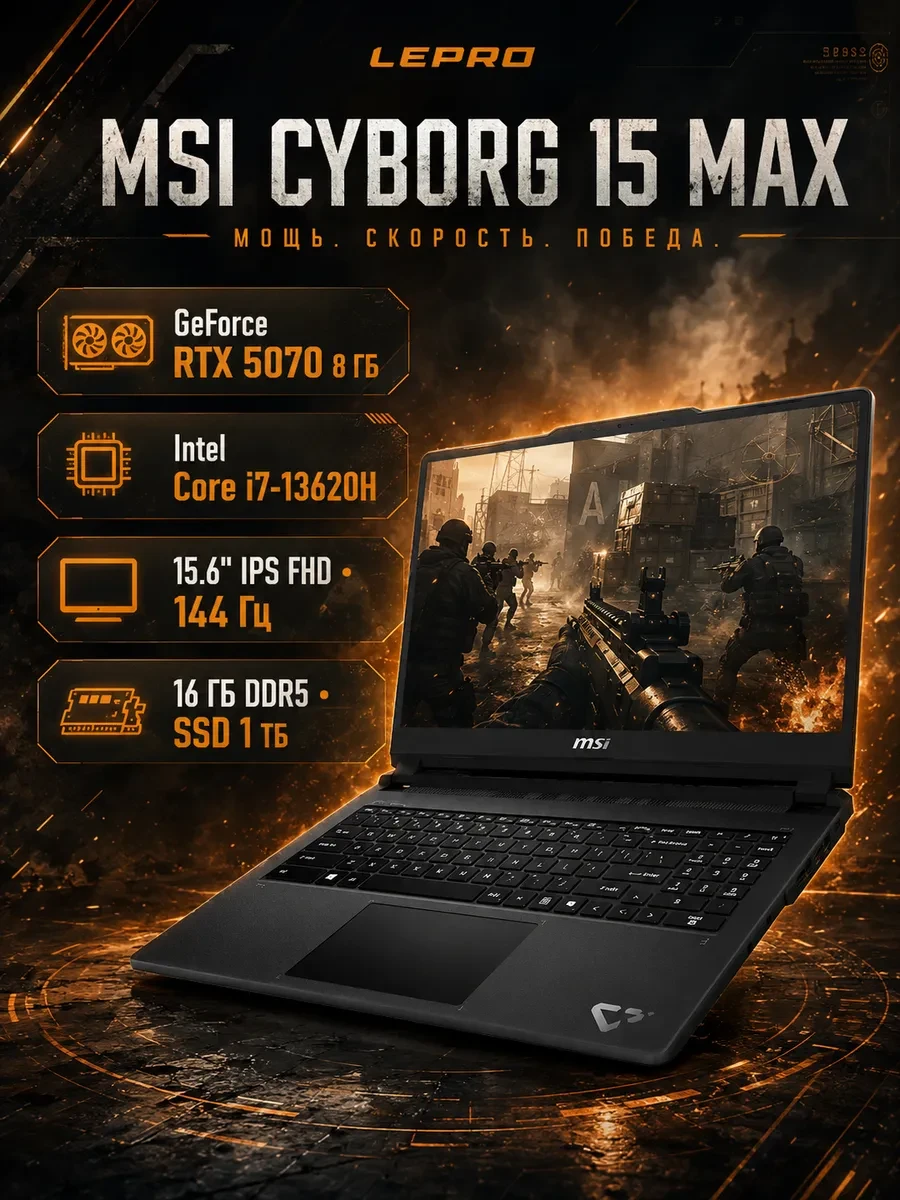Ноутбук NB MSI Cyborg 15 Max C13WG-075XKZ 15, Intel Core i7-13620H, 16 ГБ, 1024 ГБ, 15.6"