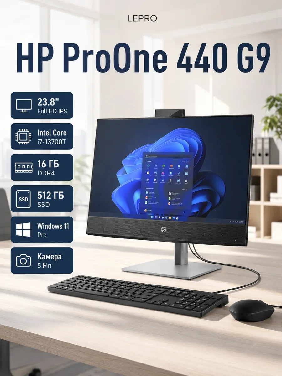 Моноблок HP ProOne 440 G9 23.8,i7-14700T,16gb D4,512gb PCIe,3yw,W11P,KBD+MS,5mp cam,WiFi6e BT 5.3