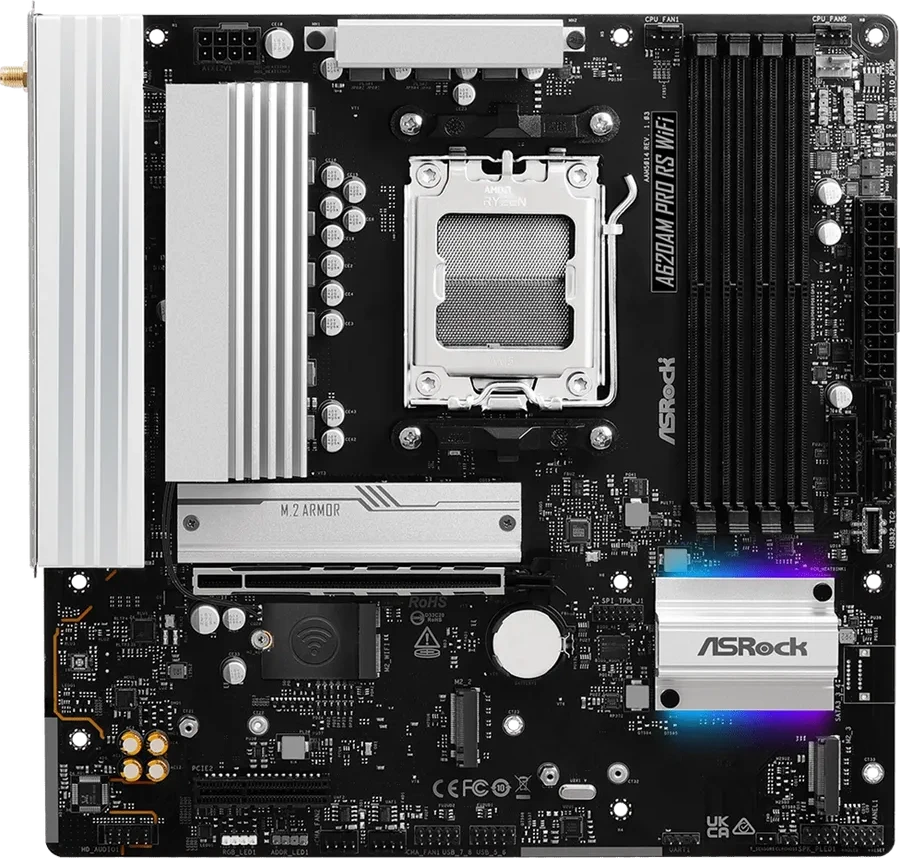 Материнская плата ASRock A620AM PRO RS WIFI AM5 4xDDR5 2xSATA3 RAID 3xM.2 Type-C HDMI DP WiFi6E mATX — 3