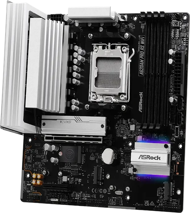 Материнская плата ASRock A620AM PRO RS WIFI AM5 4xDDR5 2xSATA3 RAID 3xM.2 Type-C HDMI DP WiFi6E mATX — 4