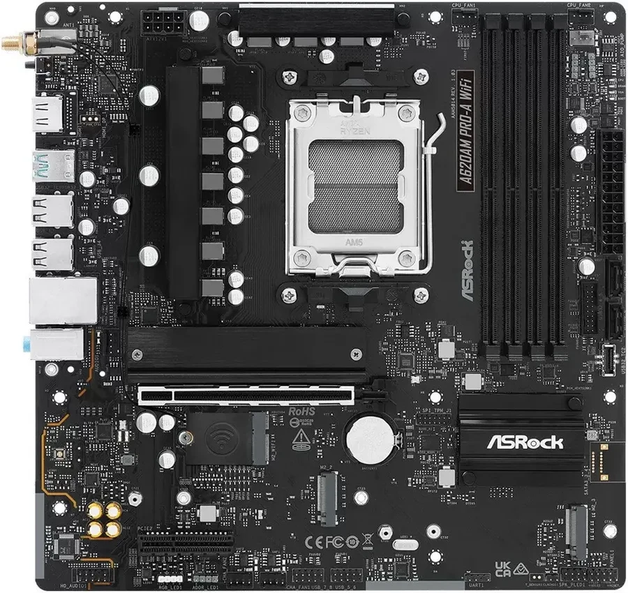 Материнская плата ASRock A620AM PRO-A WIFI AM5 4xDDR5 2xSATA3 RAID 3xM.2 Type-C HDMI WiFi6E mATX — 4