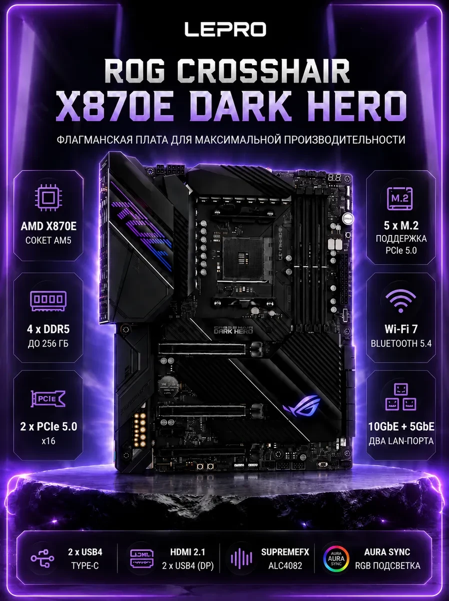 Сист.плата ROG CROSSHAIR X870E DARK HERO, X870E, AM5, 4xDDR5, 2xPCI-E x16, 5xM2, 2xUSB 4.0 Type C, HDMI, WIFI7, BOX