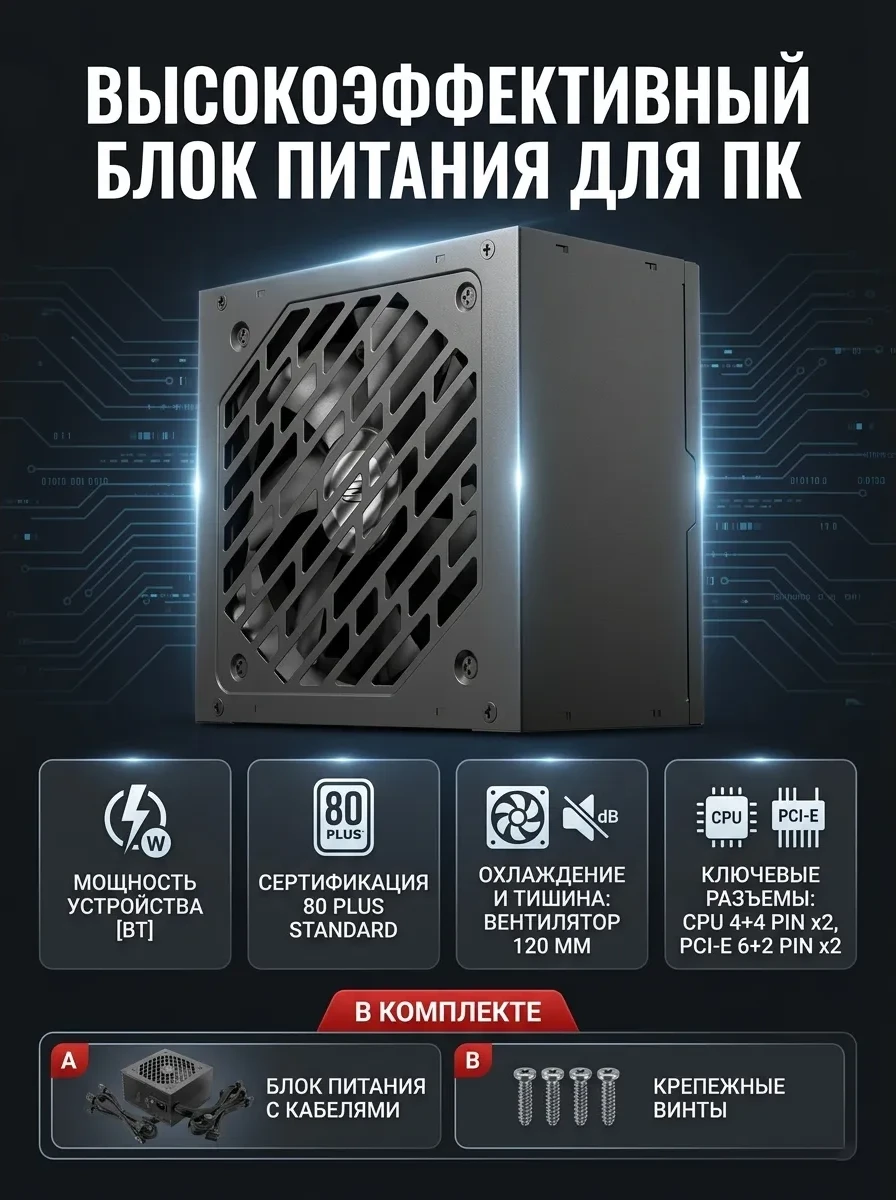 Блок питания PCCooler 700W, AF700, Non Modular, ATX, 80+, КПД ≥80%, Fan 120mm, Черный, P1-AF700-N1H