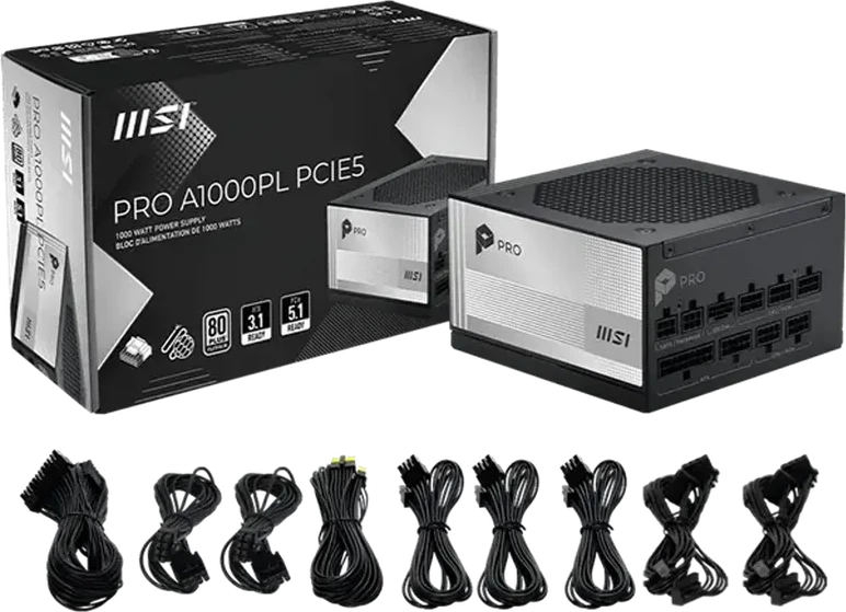 Блок питания MSI 1000W, PRO A1000PL PCIE5, Full Modular, ATX, 80+ PLATINUM, >92%, Fan 120mm, Черный — 2