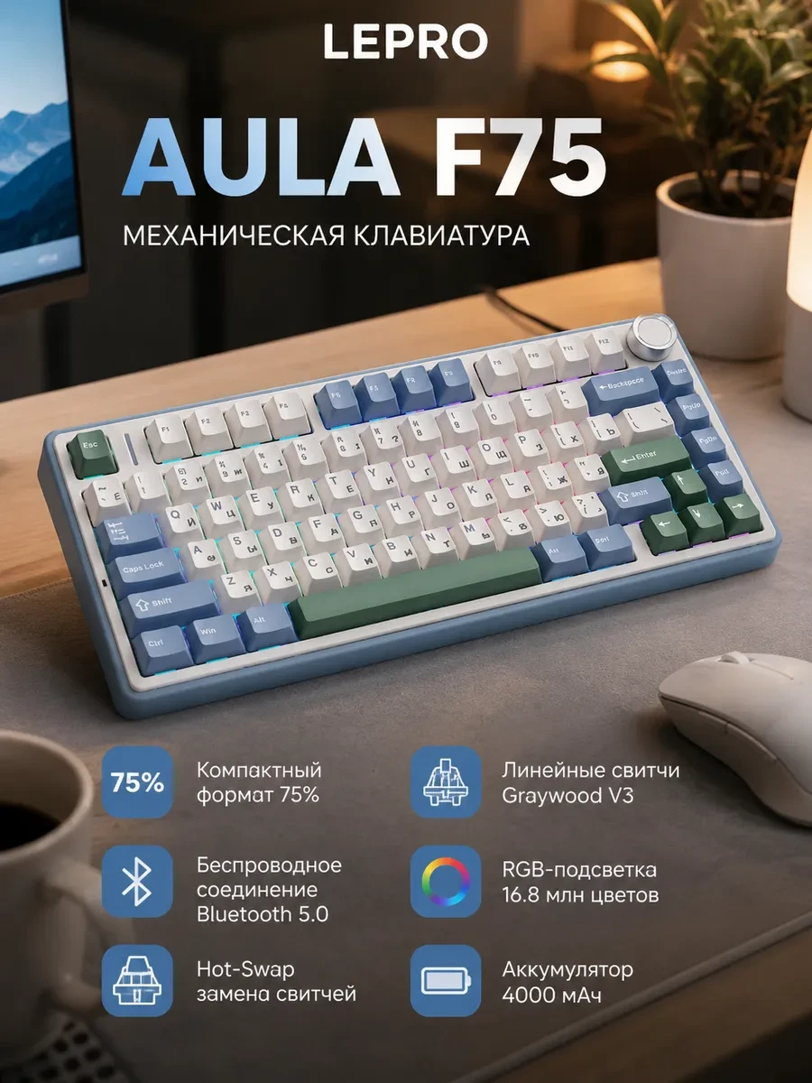 Клавиатура AULA F75, Cedar Green, mechanical, Gray Wood V3, EN/RU/KZ, 2.4/BT/USB-C