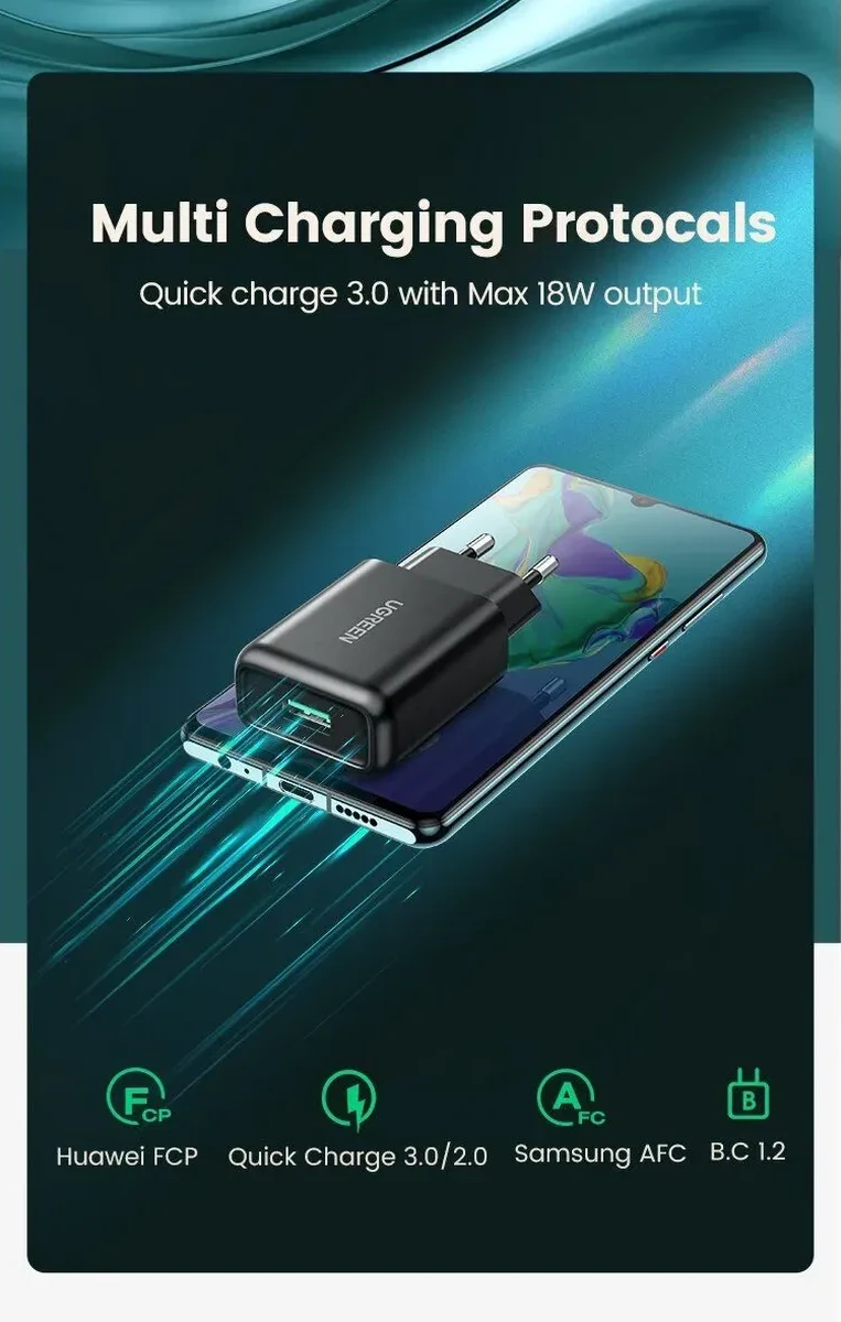 Зарядное устройство UGREEN QC3.0 USB, чёрное — 2