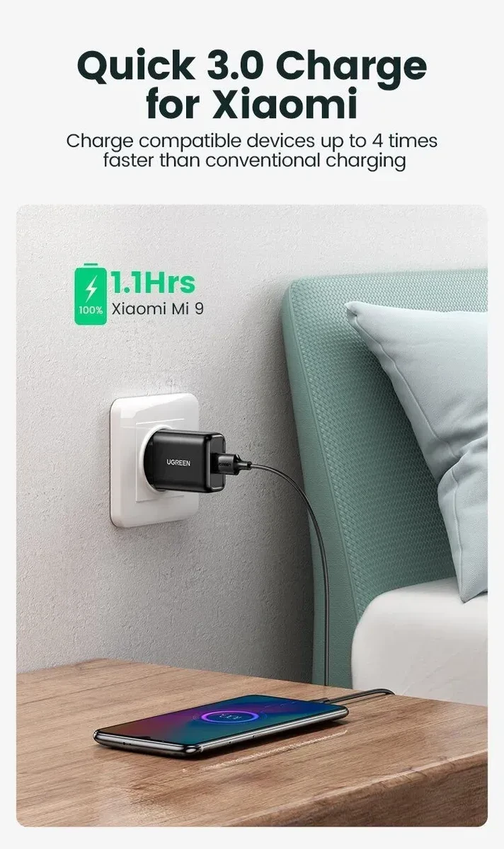 Зарядное устройство UGREEN QC3.0 USB, чёрное — 3