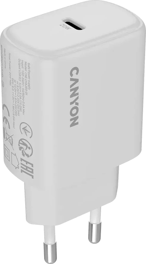 Зарядное устройство CANYON OnCharge 200 20W PD, белое