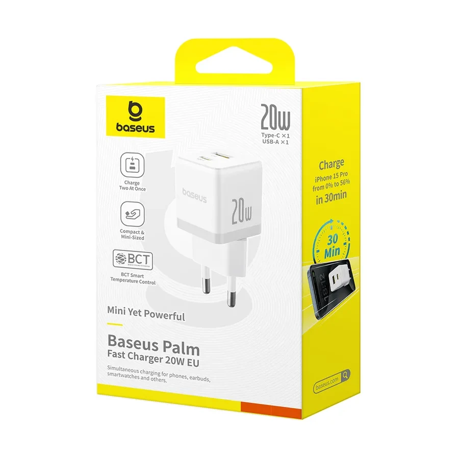 Адаптер питания Baseus Palm 20W USB-C + USB-A, белый — 3