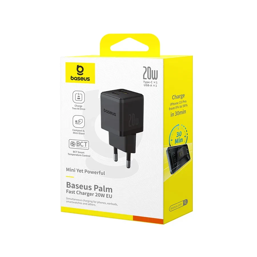 Адаптер питания Baseus Palm 20W USB-C + USB-A, черный — 2