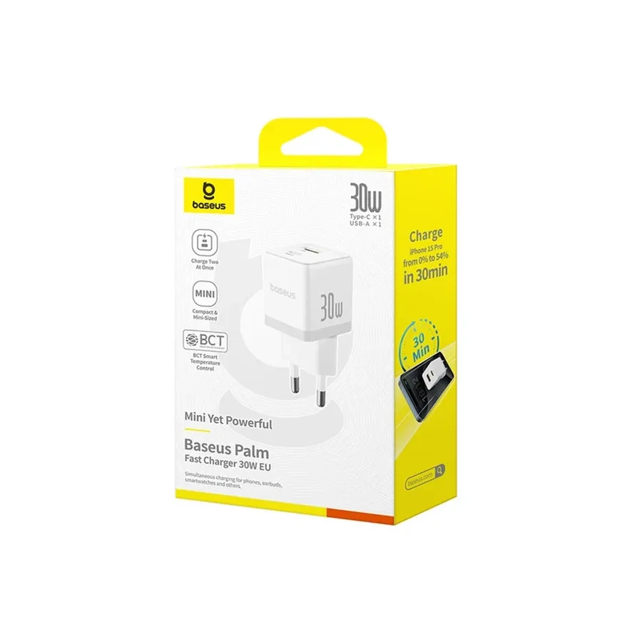 Адаптер питания Baseus Palm 30W USB-C + USB-A, белый — 3