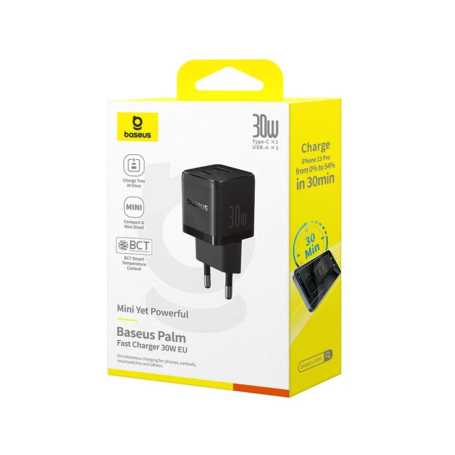 Адаптер питания Baseus Palm 30W USB-C + USB-A, с кабелем, черный — 3