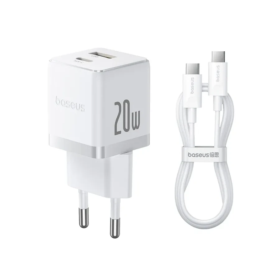 Адаптер питания Baseus Palm 20W USB-C + USB-A EU, с кабелем, белый — 3