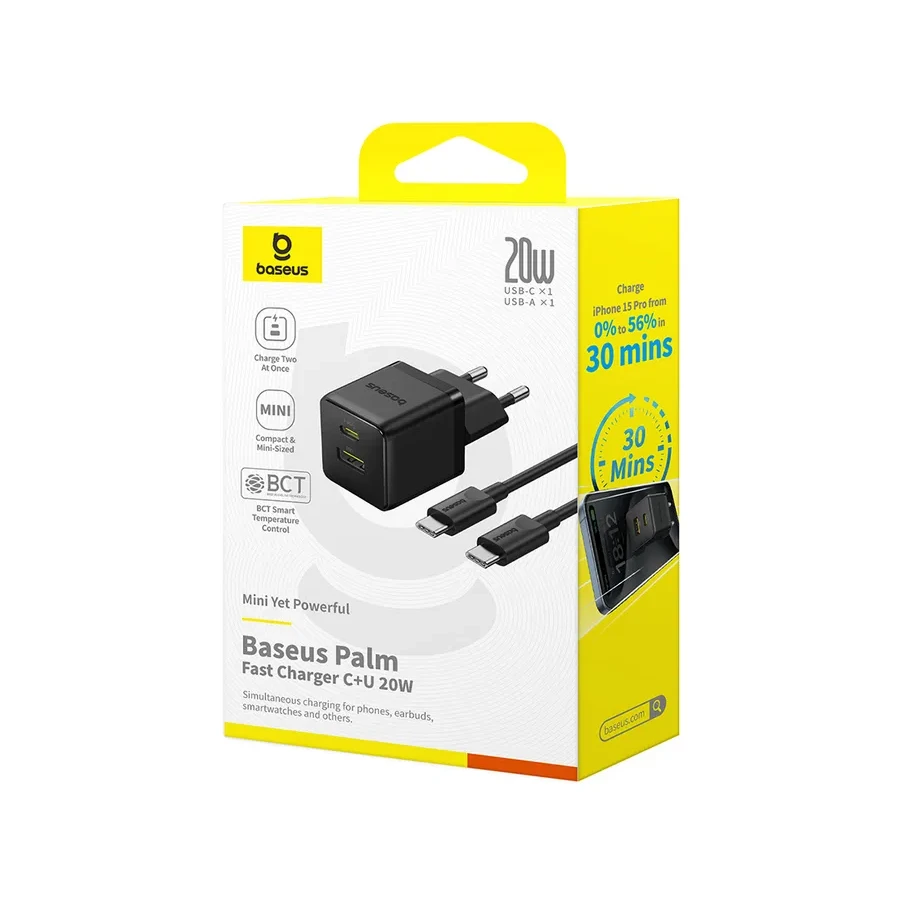 Адаптер питания Baseus Palm 20W USB-C + USB-A EU, с кабелем, черный — 3