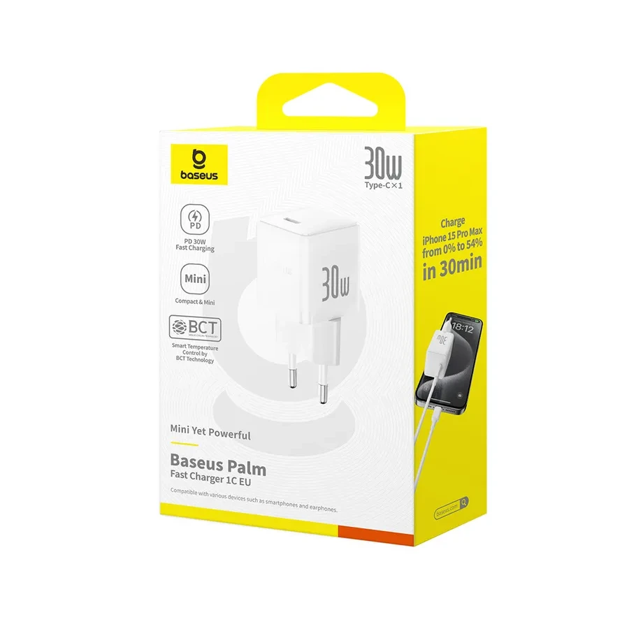 Адаптер питания Baseus Palm 30W USB-C, с кабелем, белый — 3