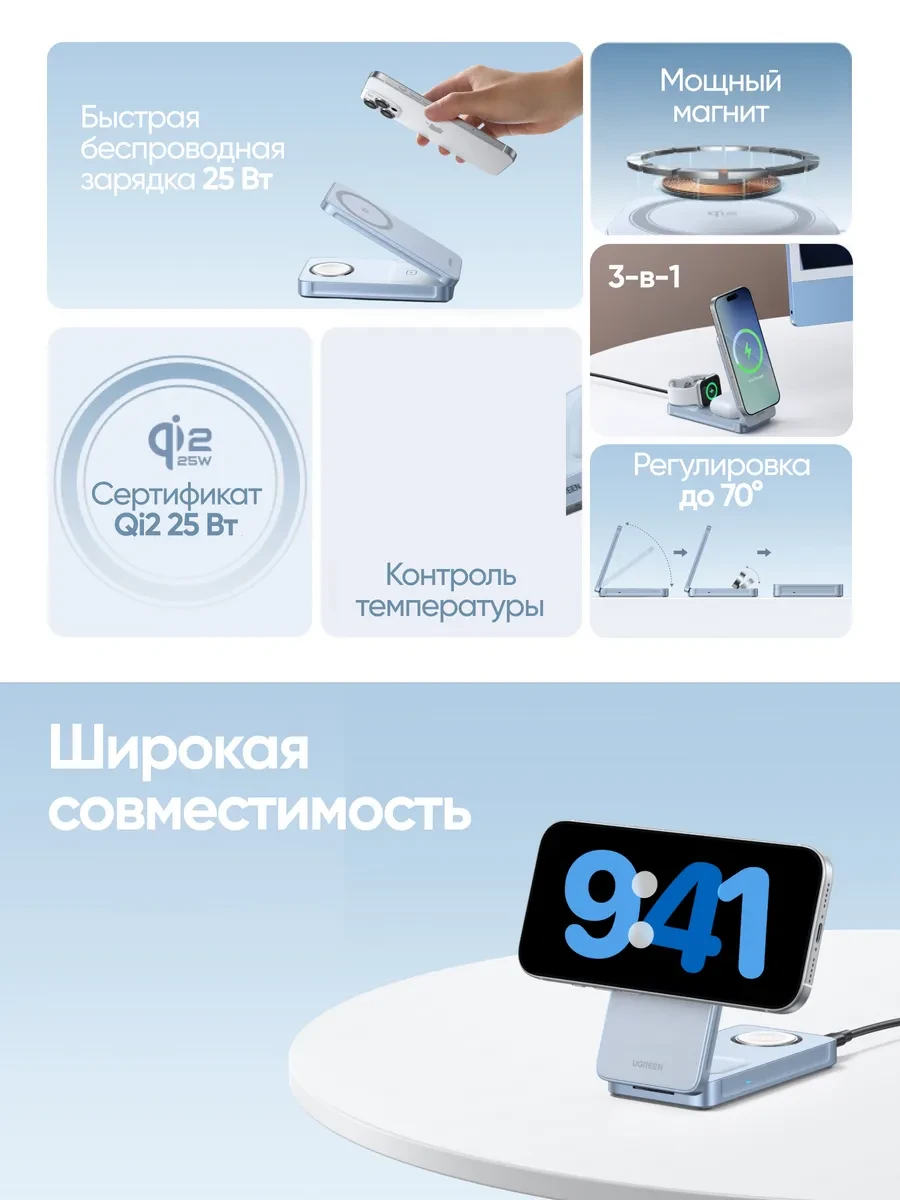 Беспроводная зарядка Ugreen W757, 3-in-1, 25W — 2