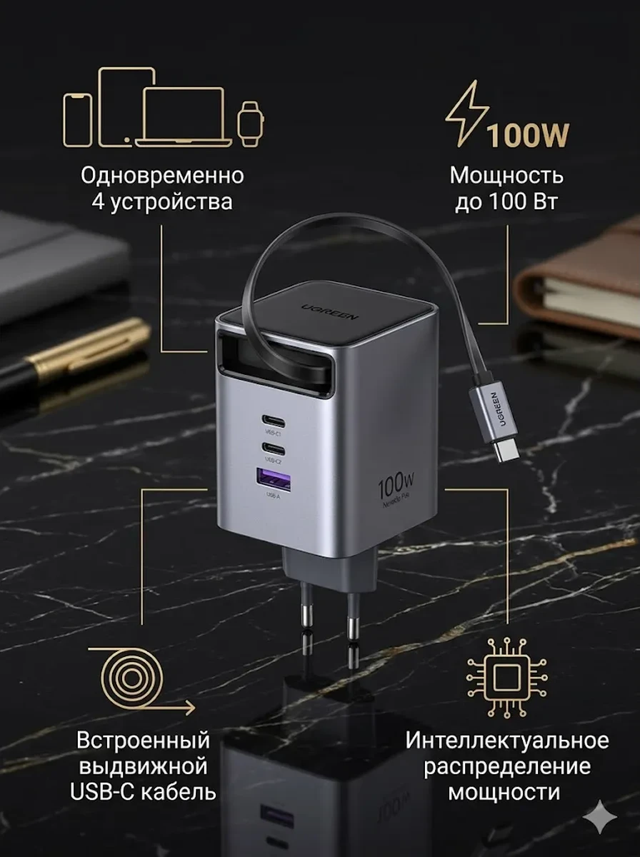 Зарядное устройство UGREEN X616 100W 3C1A GaN Fast Charger 65828