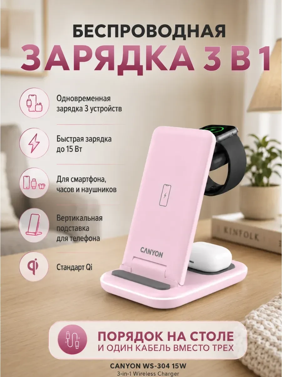 Зарядное устройство CANYON wireless charger WS-304 15W 3in1 Iced Pink