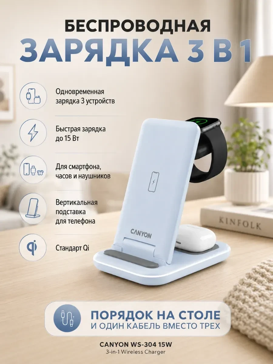 Зарядное устройство CANYON wireless charger WS-304 15W 3in1 Blue