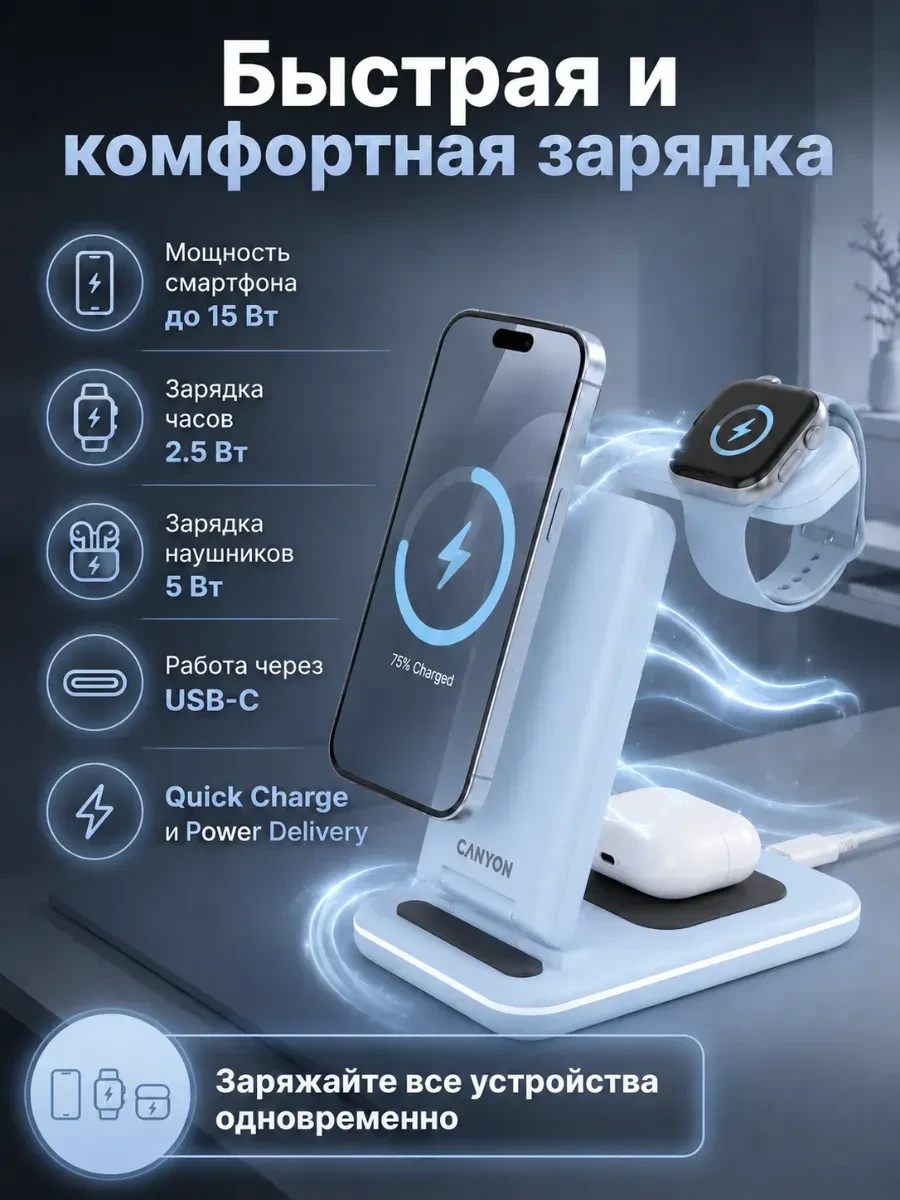 Зарядное устройство CANYON wireless charger WS-304 15W 3in1 Blue — 2