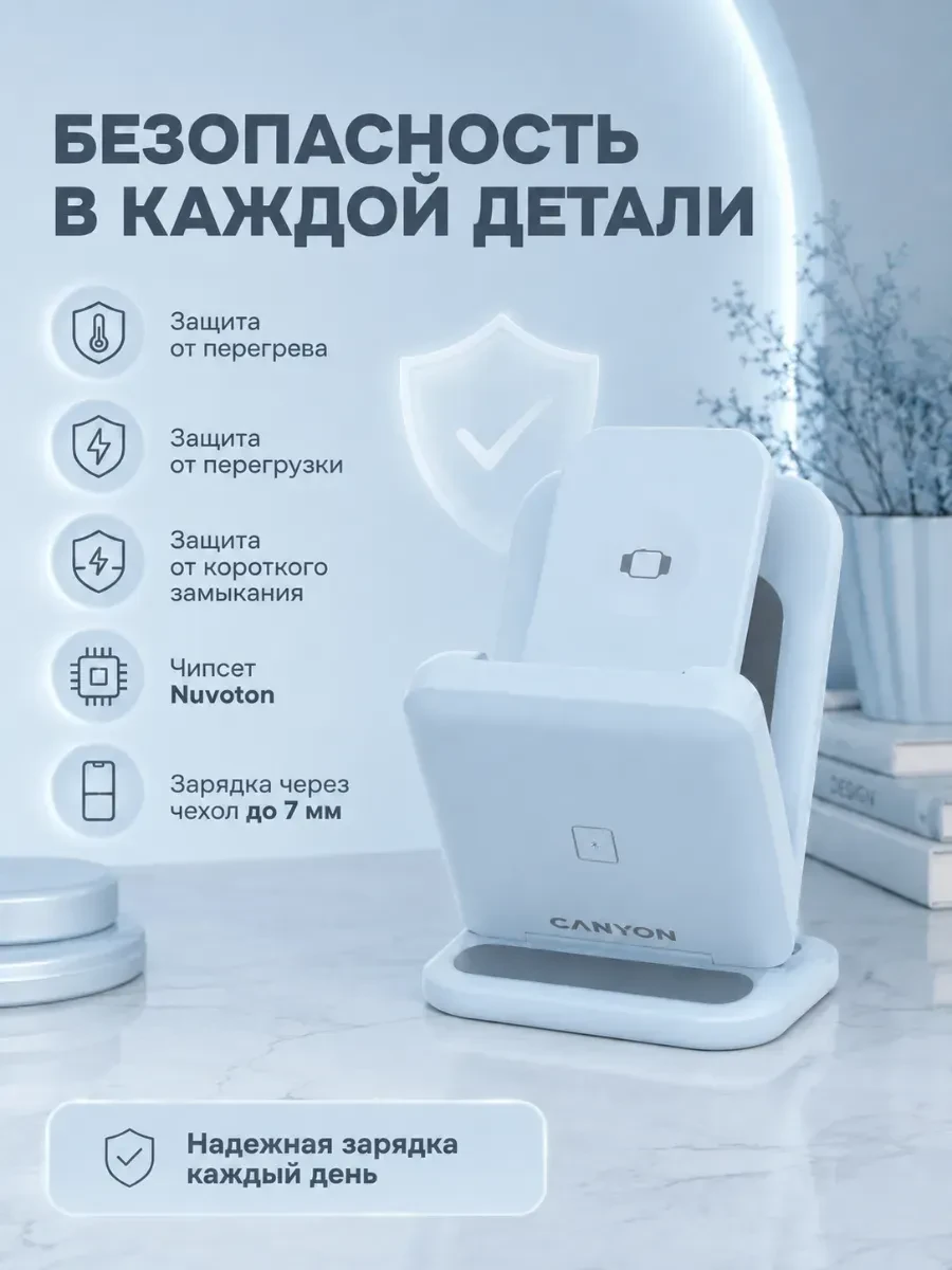 Зарядное устройство CANYON wireless charger WS-304 15W 3in1 Blue — 3