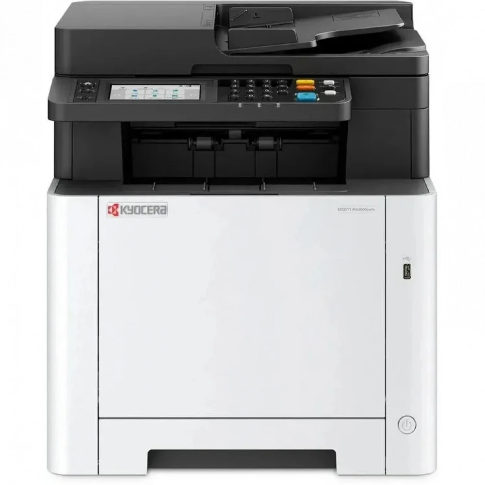 МФУ лазерное Kyocera ECOSYS MA2600cwfx (A4), цветное, Printer/Scanner/Copier/Fax, 1200x1200 dpi, 26 ppm, 1 GB, 1 GHz, tray 50+250 sheets, DADF 50 sheets, USB+Ethernet+Wi-Fi, Duplex, 4.3" touchscreen, drum 100k, starter toner 1.5k — 2