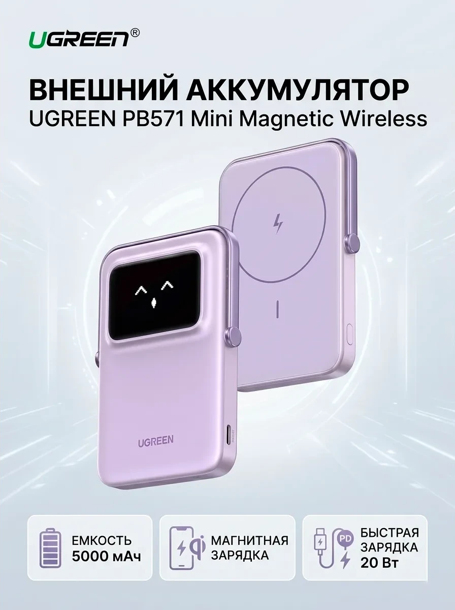 Пауэрбанк UGREEN PB571 35606 5000mAh mini Magnetic Robot Wireless 20W USB-C