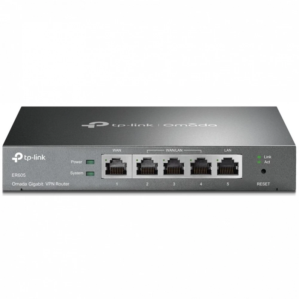 Маршрутизатор Multi-WAN GbE VPN Tp-Link ER605 <5 GbE портов (1 фиксированный WAN, 2 фиксированный LAN, 2 настраиваемых GbE WAN/LAN), 1 порт USB 2.0 для создания резервного подключения WAN через USB-модем 3G/4G, 20 VPN-туннелей IPsec, интегрирация с Omada — 3