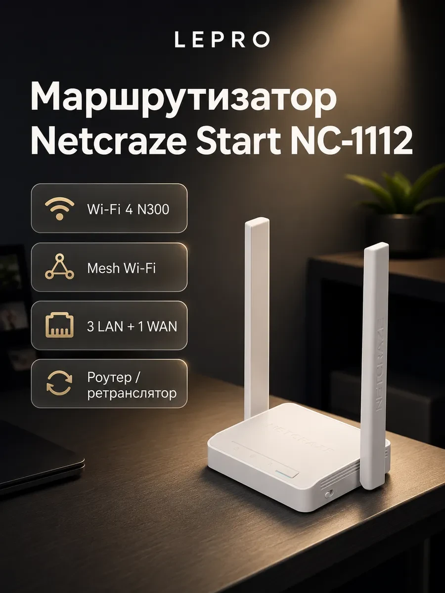 Маршрутизатор беспроводной N300 FE Netcraze Start NC-1112 Wi-Fi 4