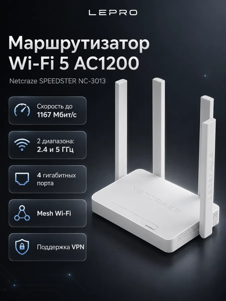 Маршрутизатор беспроводной AC1200 GbE Netcraze SPEEDSTER NC-3013 Wi-Fi 5