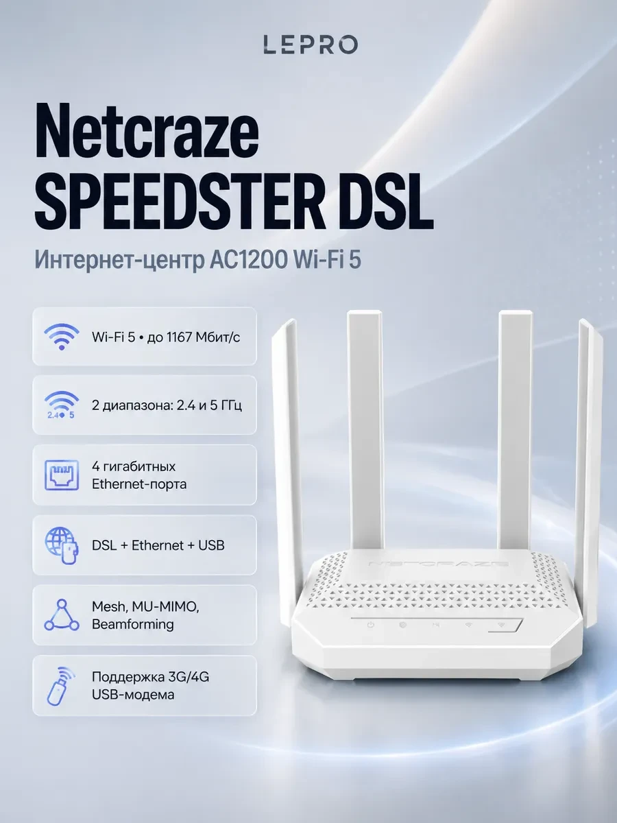 Маршрутизатор беспроводной AC1200 GbE Netcraze SPEEDSTER DSL NC-2113 Wi-Fi 5