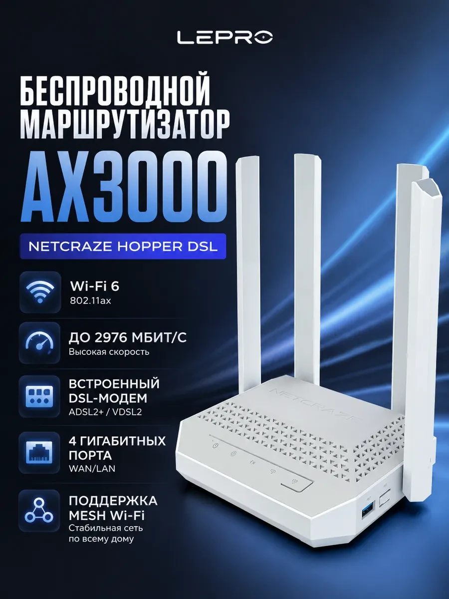Маршрутизатор беспроводной AX3000 GbE Netcraze Hopper DSL NC-3611 Wi-Fi 6