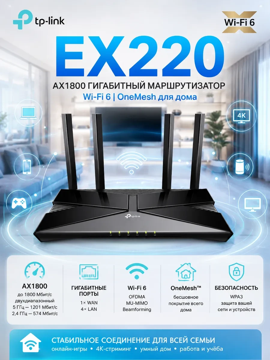 Маршрутизатор беспроводной AX1800 GbE Tp-Link EX220 < Wi‑Fi 6 AX1800 Dual Band Wireless Gigabit Router, 1201 Мбит/с 5 GHz 11ax + 574Mbps 2.4GHz 11ax, cовместим со стандартами Wi-Fi 802.11a/b/g/n/ac/ax, 1 Gigabit WAN + 4 Gigabit LAN, 1 порт USB 2.0 Wireles