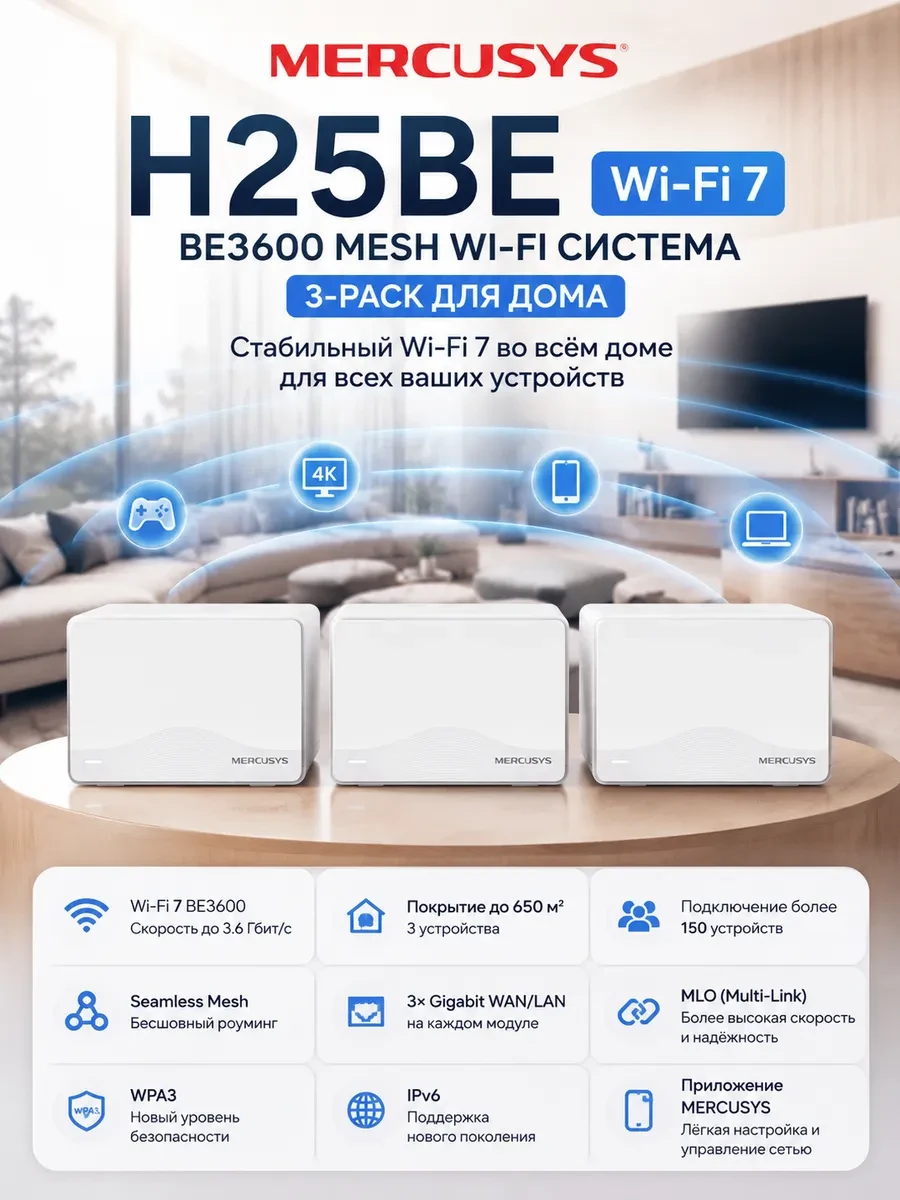 Домашняя Mesh Wi-Fi система GbE BE3600 Mercusys Halo H25BE(3-pack) Wi-Fi 7 BE3600 Домашняя Mesh-система Wi-Fi 7 Скорость: 688 Мбит/с для 2.4 ГГц + 2880 Мбит/с для 5 ГГц, внутренние антенны, 3 × гигабитных порта (автоопределение WAN/LAN), MLO, 4096-QAM, OF