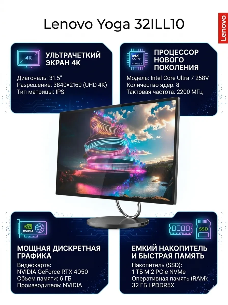 Моноблок Lenovo Yoga 32ILL10 31,5"UHD/Core Ultra 7-258V/32gb/1TB/GF RTX4050 6gb/Win11(F0HX001FRU)