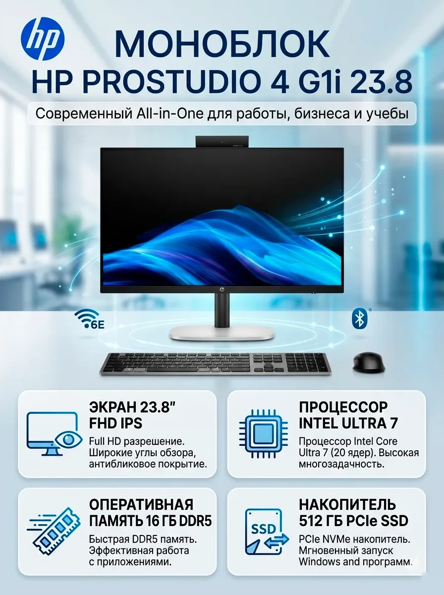 Моноблок HP ProStudio 4 G1i 23.8 FHD AG IPS,U7-265T,16G D5,512G PCIe,W11P,3yw,USB KBD+MS