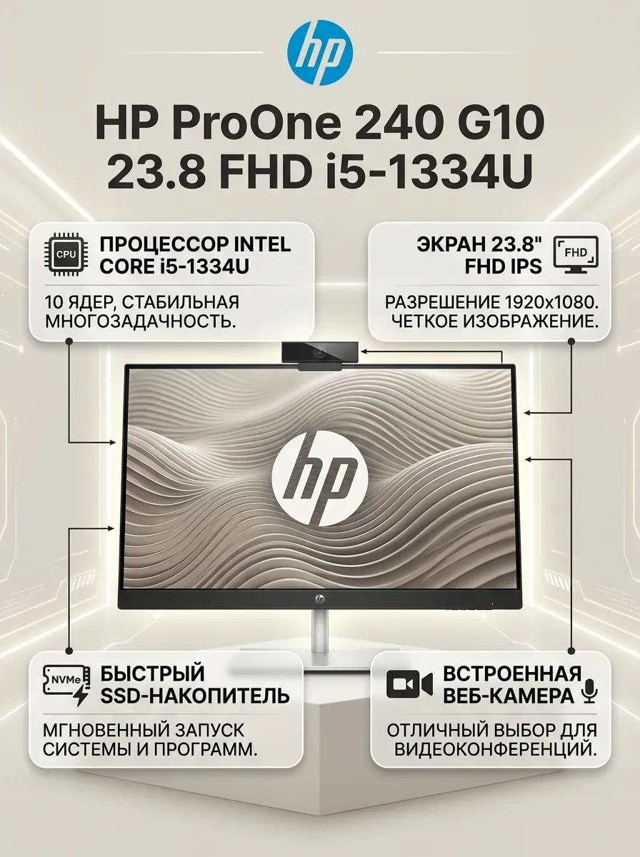 Моноблок HP ProOne 240 G10,i5-1334U,23.8 FHD IPS 250,16G D4,512G SSD,W11P,3yw NBD,125 wht kbd+mse,WiFi6+BT5.3