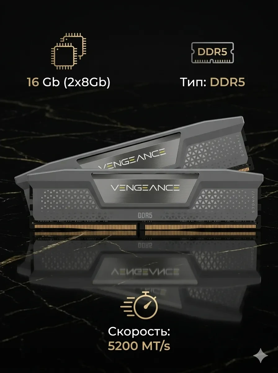 Оперативная память CORSAIR DDR5, 5200MT/s 16GB 2x8GB DIMM, Unbuffered, 40-40-40-77, 1Gbx16, Std PMIC, AMD EXPO, VENGEANCE DDR5 Cool Grey Heatspreader, Black PCB, 1.25V