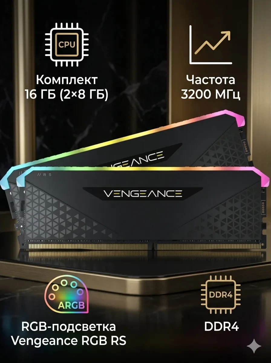 Оперативная память CORSAIR DDR4, 3200MHz 16GB 2x8GB Dimm, 16-20-20-38, XMP 2.0, Vengeance RGB RS, RGB LED, Black PCB, 1.35V, for AMD Ryzen & Intel
