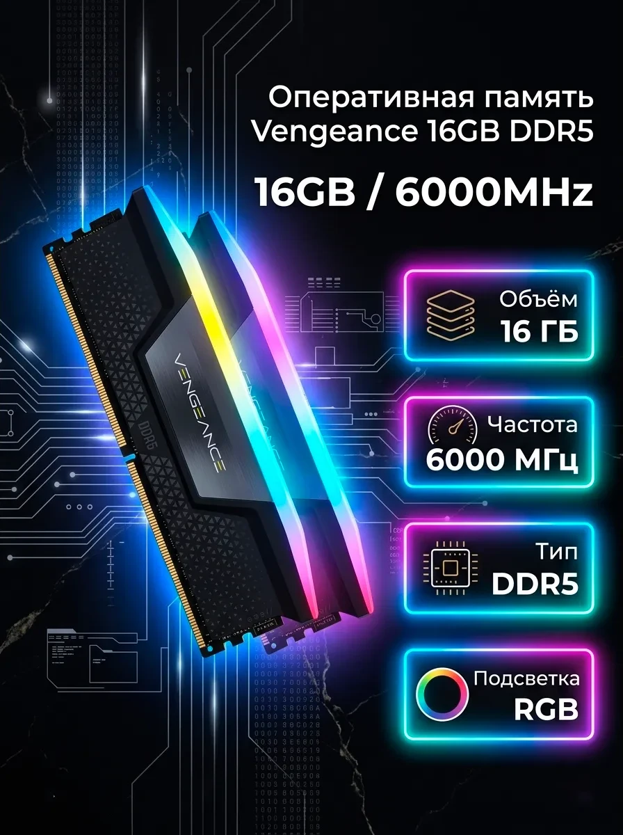 Оперативная память CORSAIR VENGEANCE RGB DDR5 16GB (1 x 16GB) DDR5 6000 CL36-44-44-96 1.35V Intel XMP & AMD EXPO - GREY