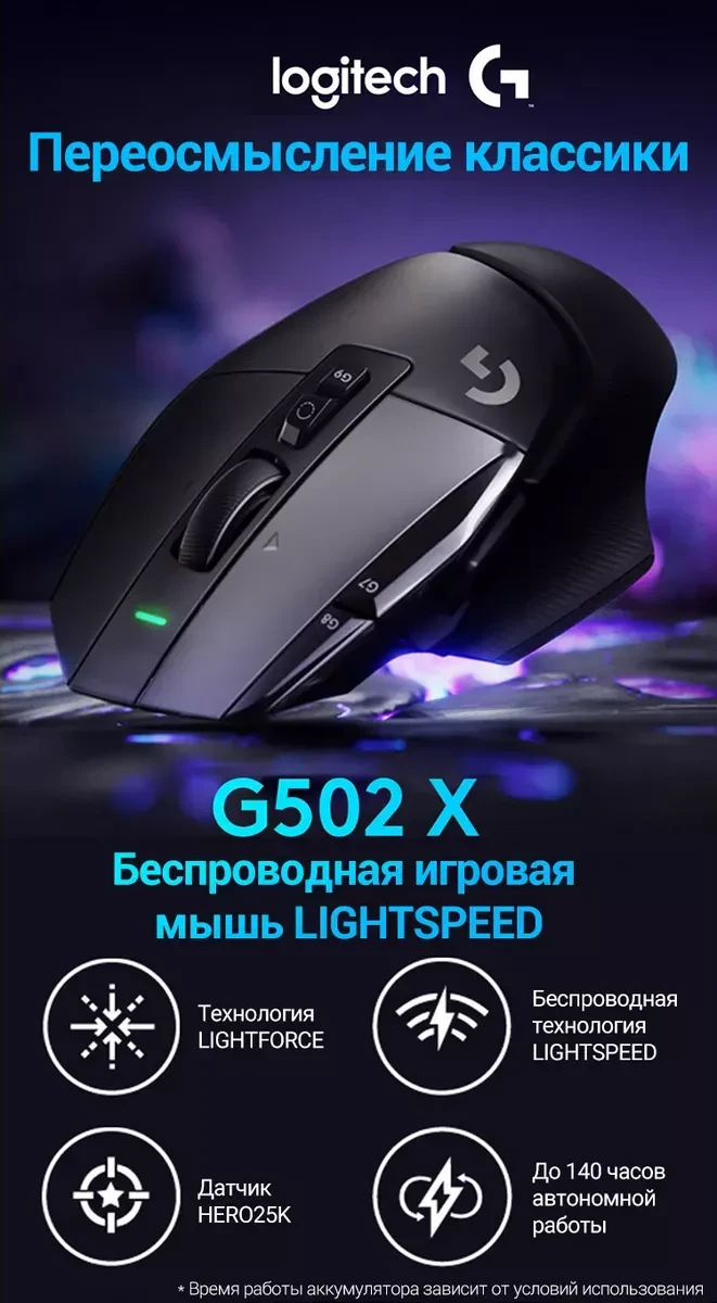 Мышь Logitech G502 X LIGHTSPEED, беспроводная, белая — 2