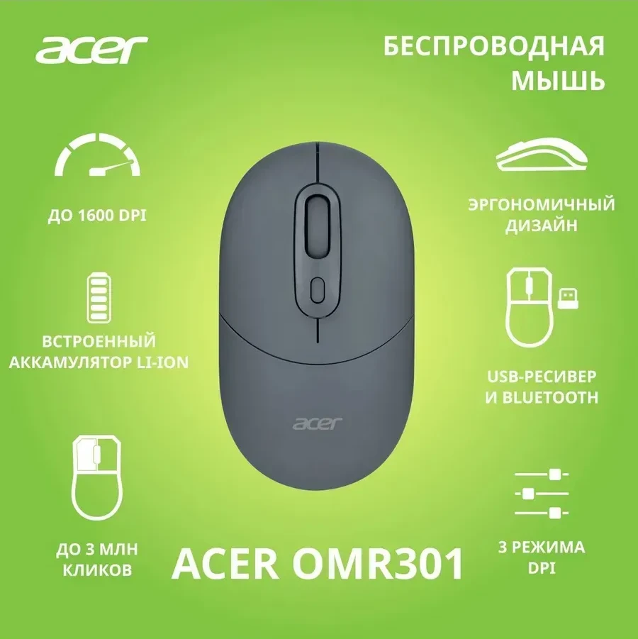 Мышь Acer OMR301, оптическая 1600 dpi, BT/2.4GHz, бесшумная, черная