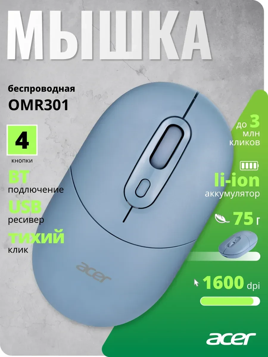 Мышь Acer OMR301, оптическая 1600 dpi, BT/2.4GHz, бесшумная, синяя